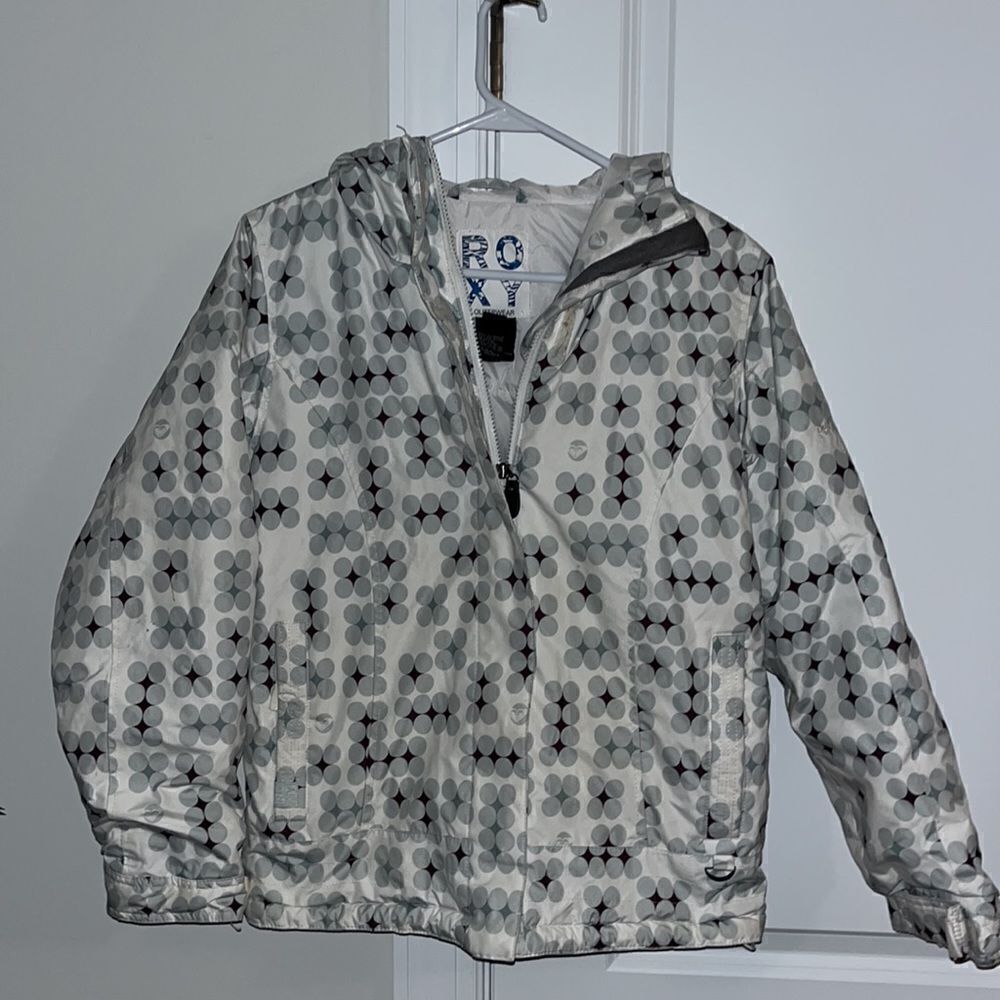 Roxy White Geometric girls youth ski snowboard cuffed hooded jacket XL